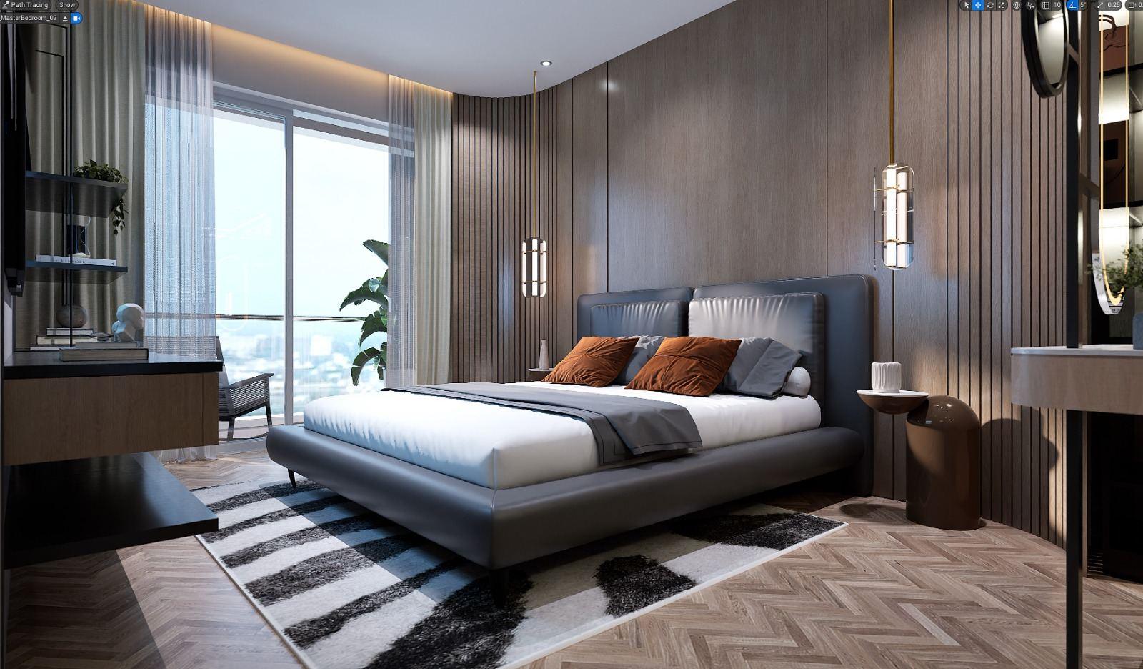 Bedroom with herringbone flooring