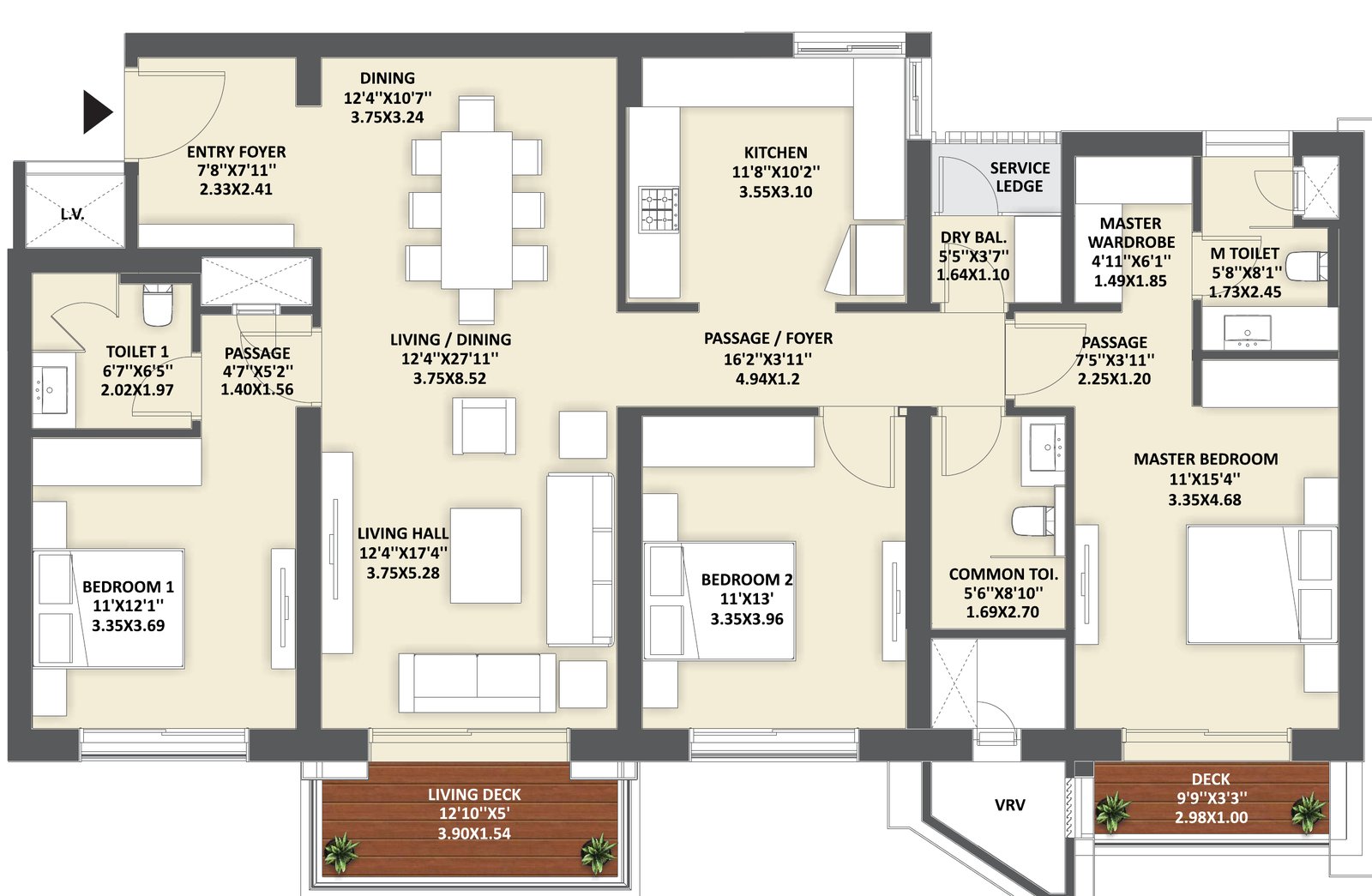 3 BHK typical unit plan (blurred)